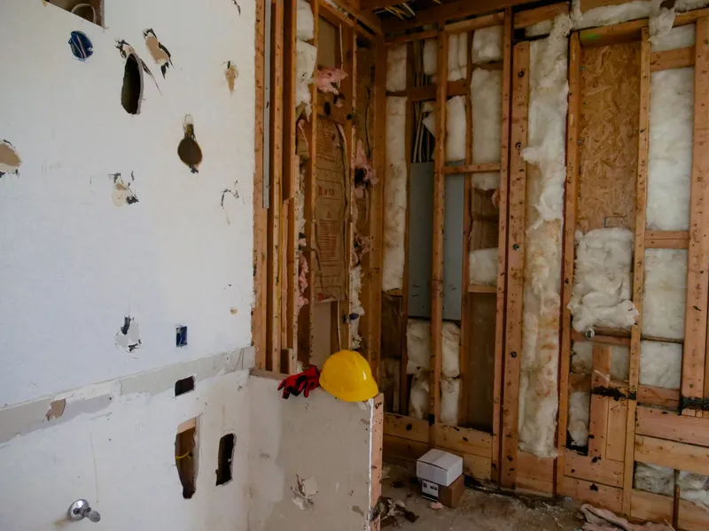 Interior wall opened to the studs after water damage