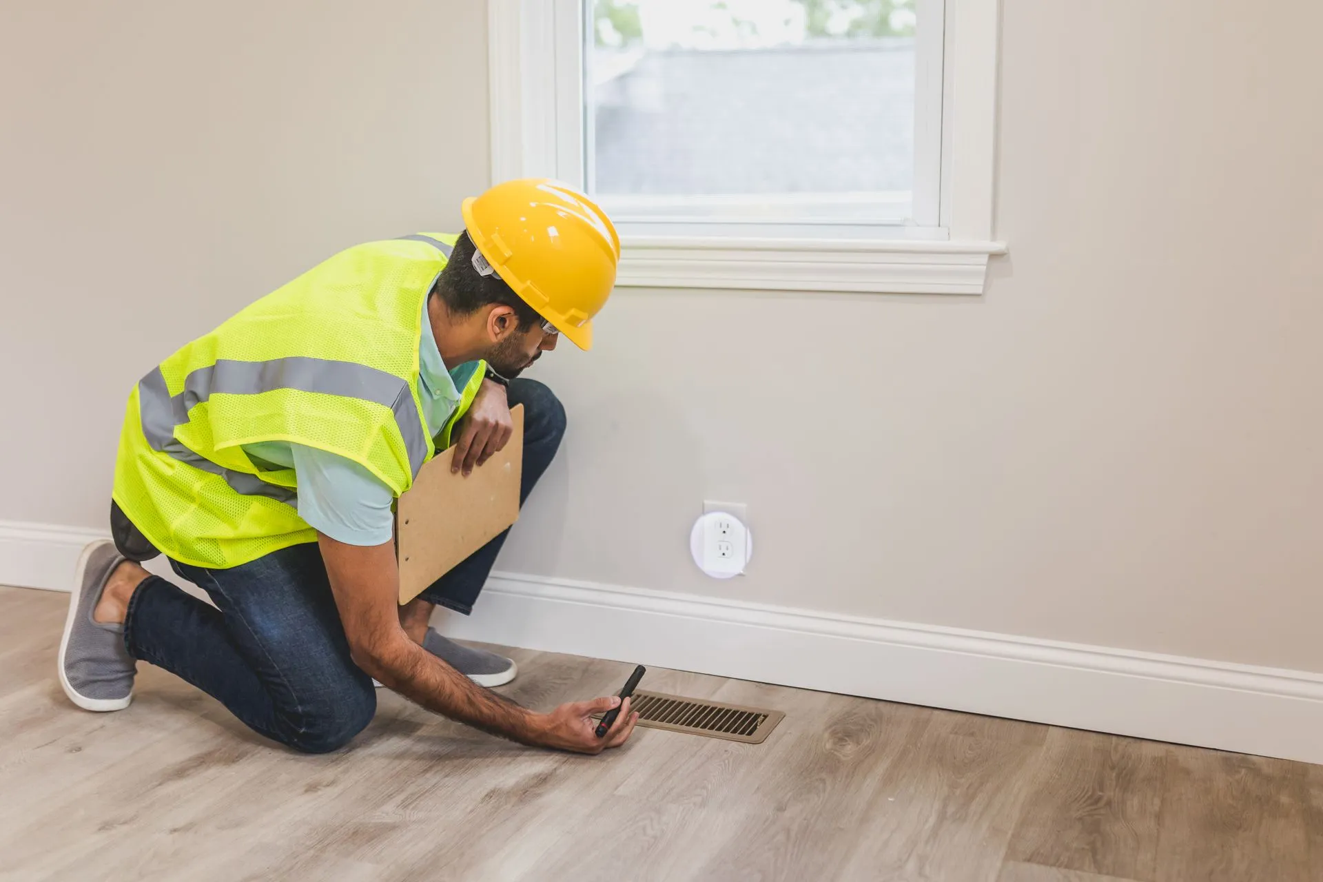 Technician kneeling at a baseboard taking a moisture reading before placing drying equipment